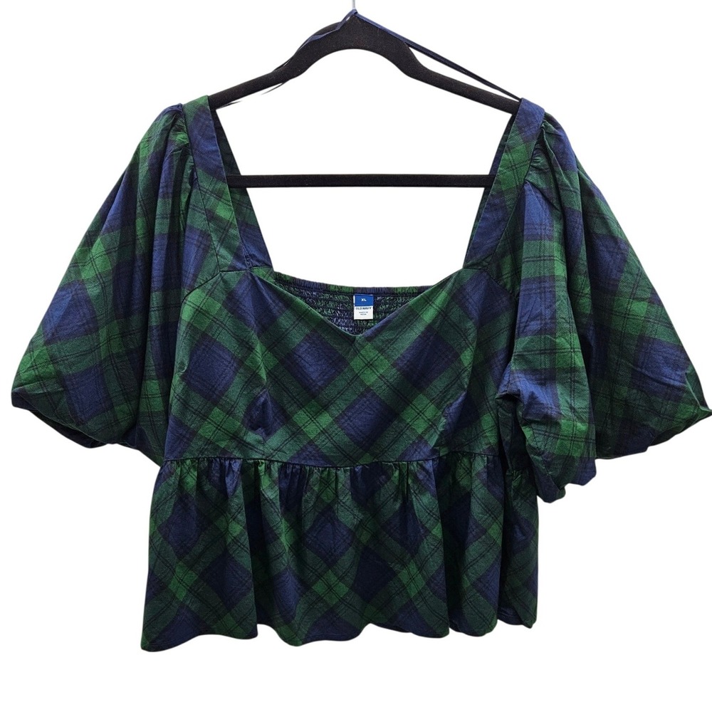 Old Navy Womens XL Green Blue Plaid Puff Sleeve Smocked Back Peplum Top NWT